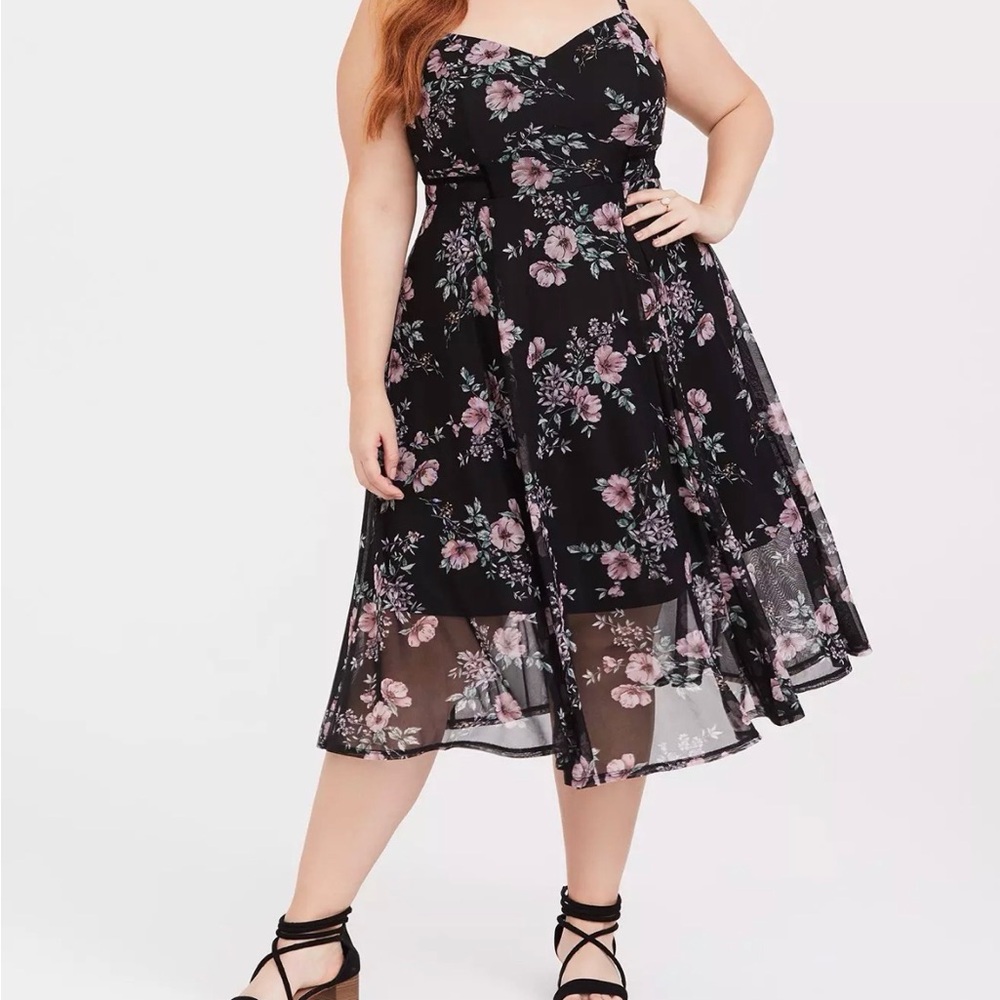 Torrid Black Floral Mesh Midi Dress size Large